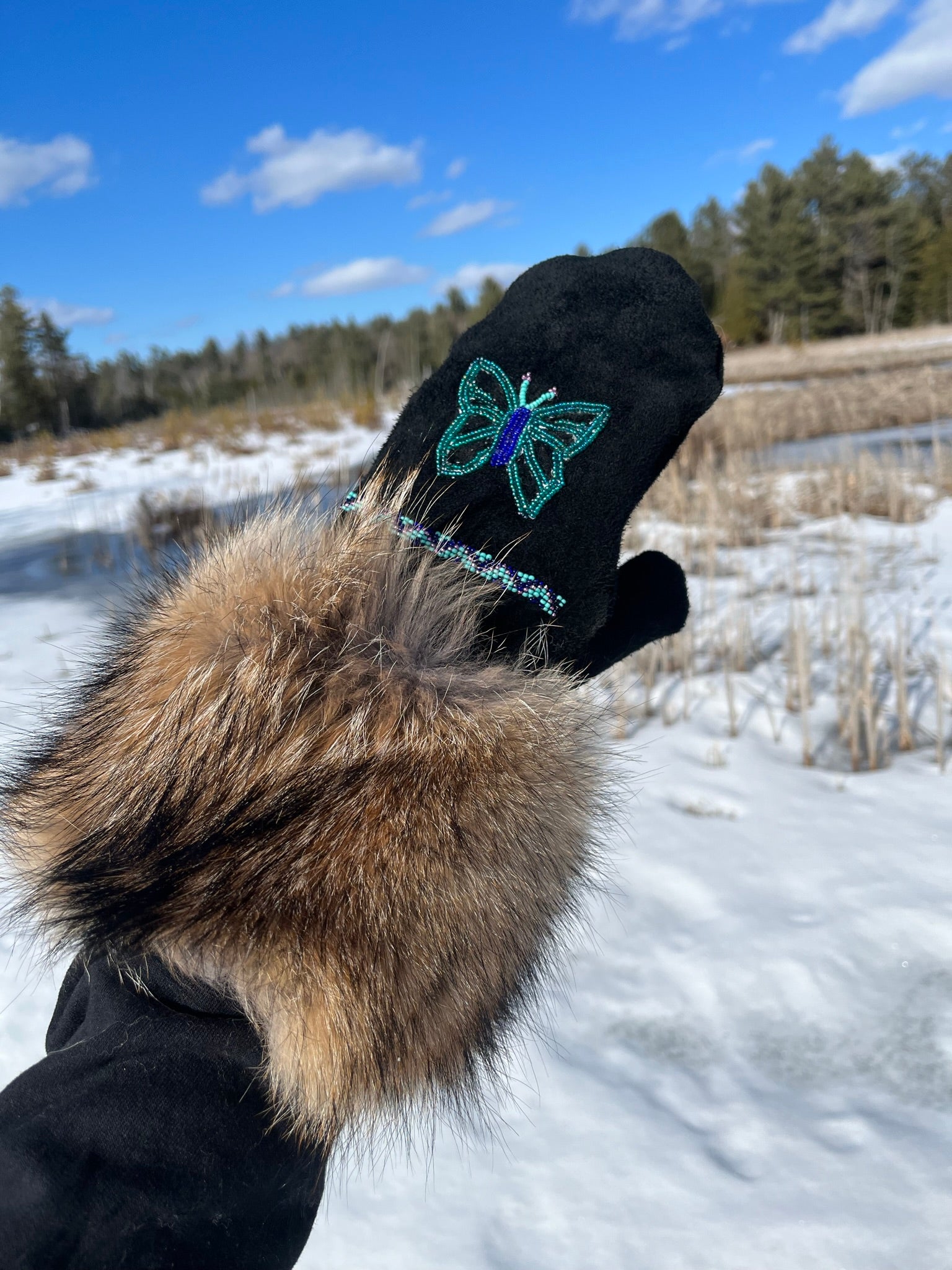 Custom Hand-Beaded Fur-Cuffed Mittens