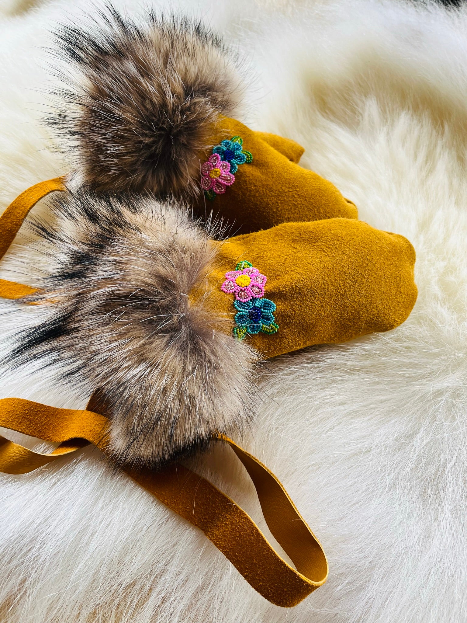 Custom Hand-Beaded Fur-Cuffed Mittens