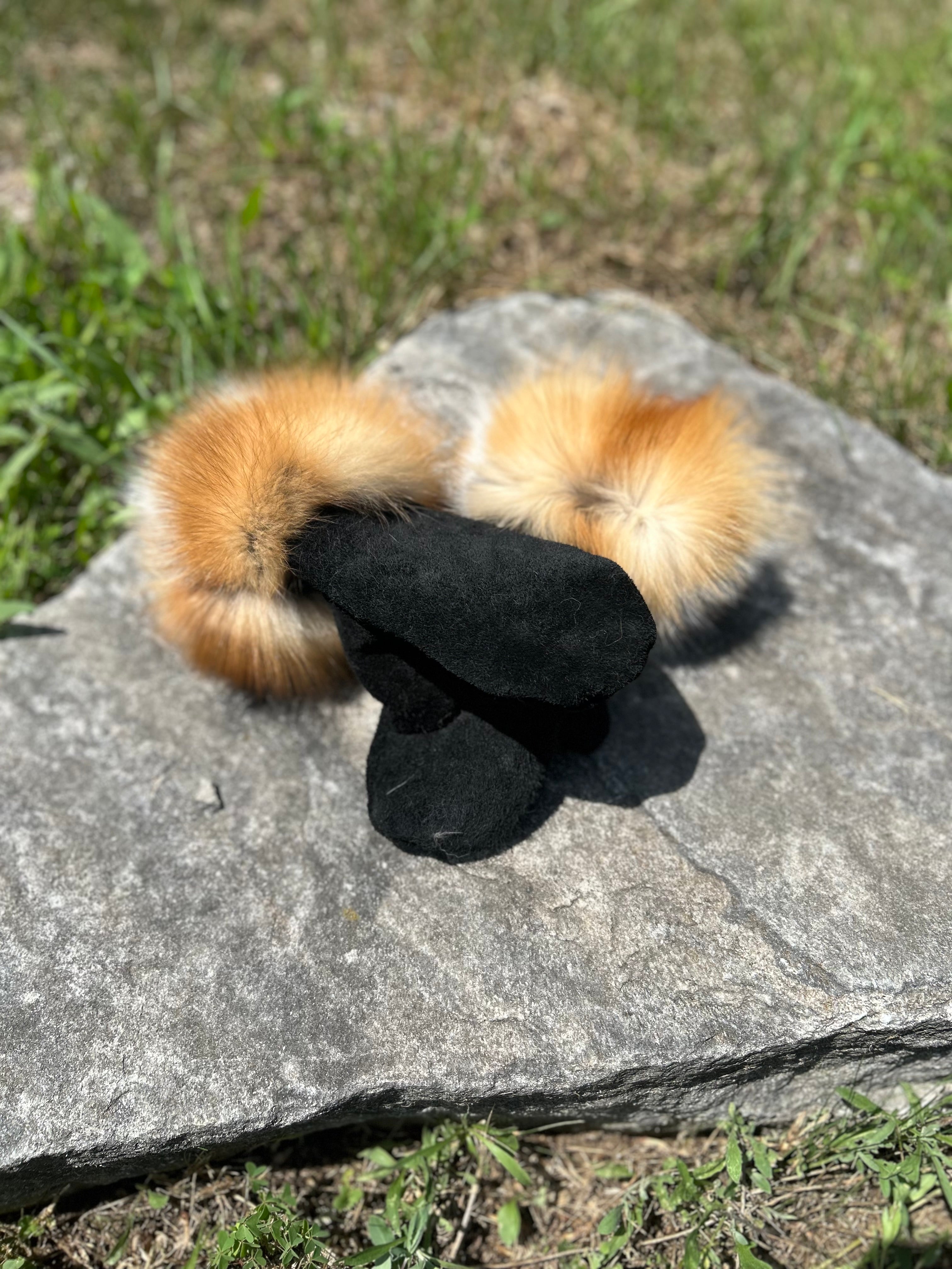 Red fox fur cuffed mittens