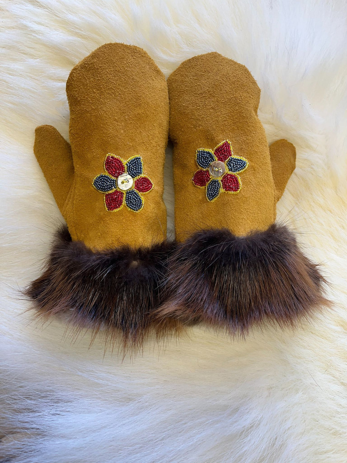 Custom Hand-Beaded Fur-Cuffed Mittens
